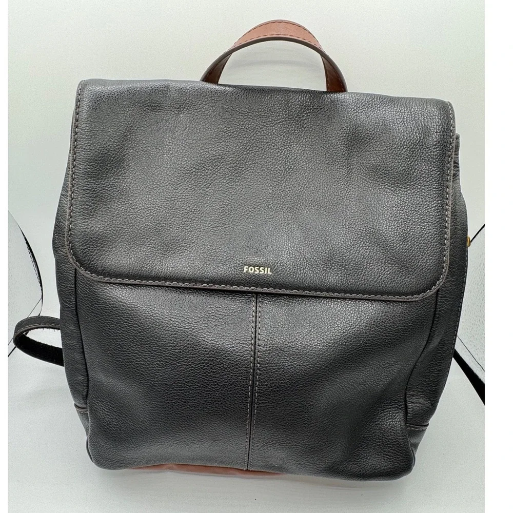 Fossil Liv Black Pebbled Leather Mini Backpack Brown Trim ZB7907